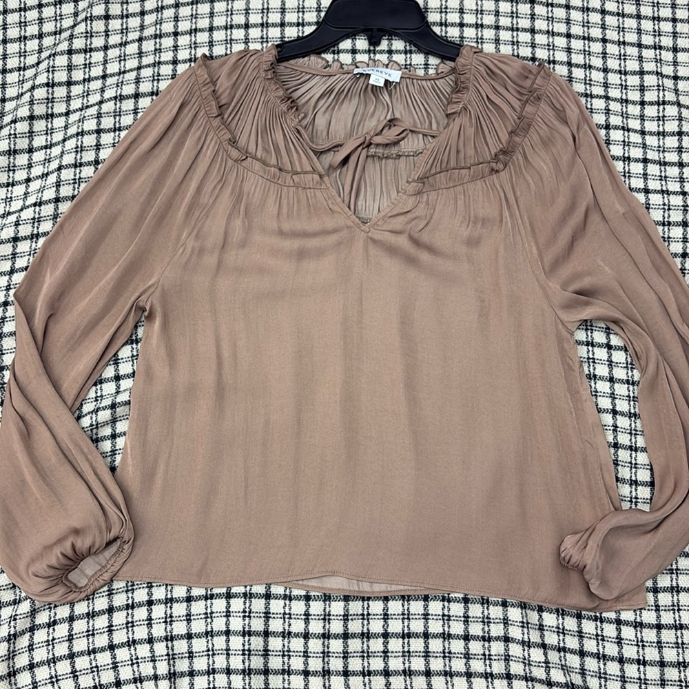 Evereve Brown Tunic Pleated Ruffle Neck Balloon Long Sleeve Top, XS